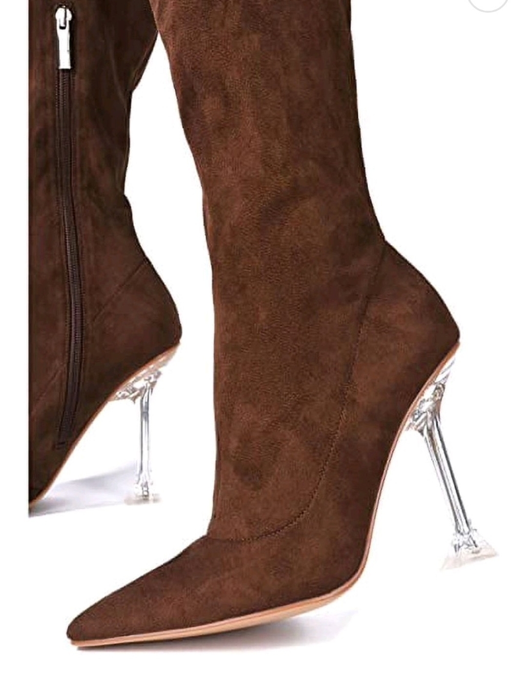 Cape Robbin Thigh High Brown Suede Pointed Toe Clear Stiletto Boots